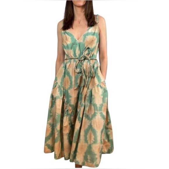 Ulla Johnson Dresses & Skirts - ULLA JOHNSON 100% Cotton Valentina Sage Green Orange Tie Dye Midi Dress 4 NWT